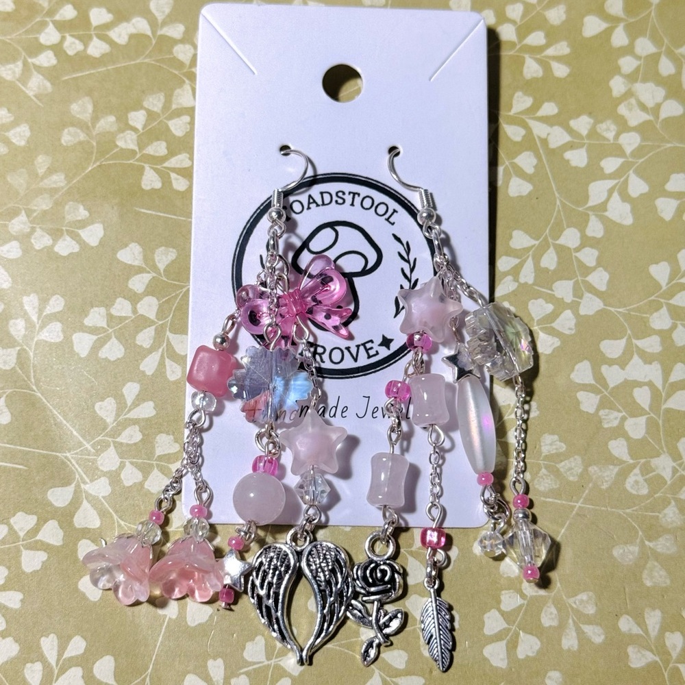 Cute Silver and Pink with Rose Quartz Semi-Precious Stone Handmade Earrings